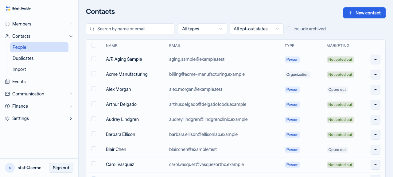 The contacts list showing people and organisations together, with type and marketing opt-out state on every row.